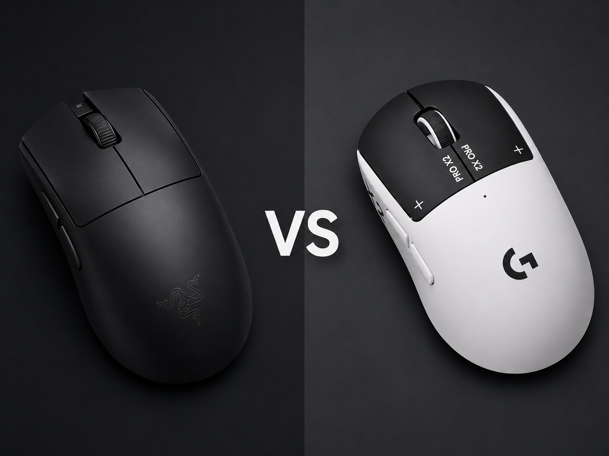 Confronto tra Razer Viper V4 Pro nero e Logitech G PRO X2 Superstrike bianco su sfondo scuro
